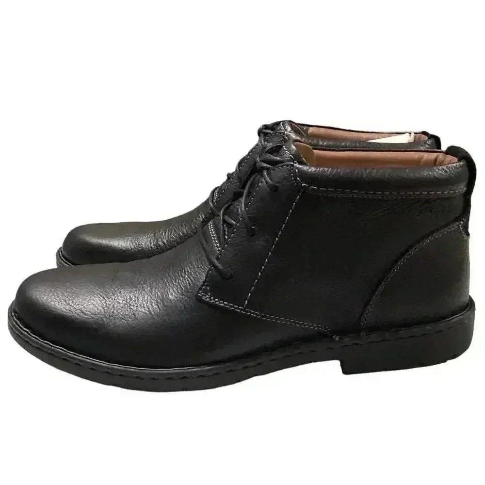 Clarks Chukka Boots Mens 15 W Wide Black Leather Lace Up Stratton Limit NEW